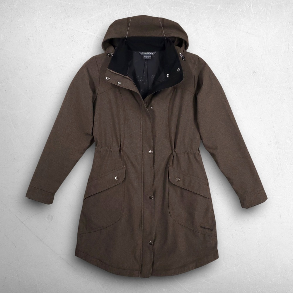 ExOfficio Ometti Hooded Trench Jacket Women M Brown Travel Gorpcore Utility Coat